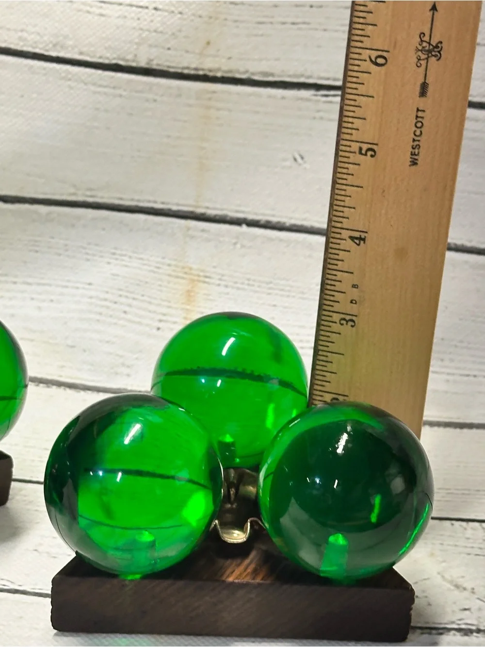 Vintage Green Lucite Atomic MCM Ball Candles & Holder Pair  Triangle Wood  Base
